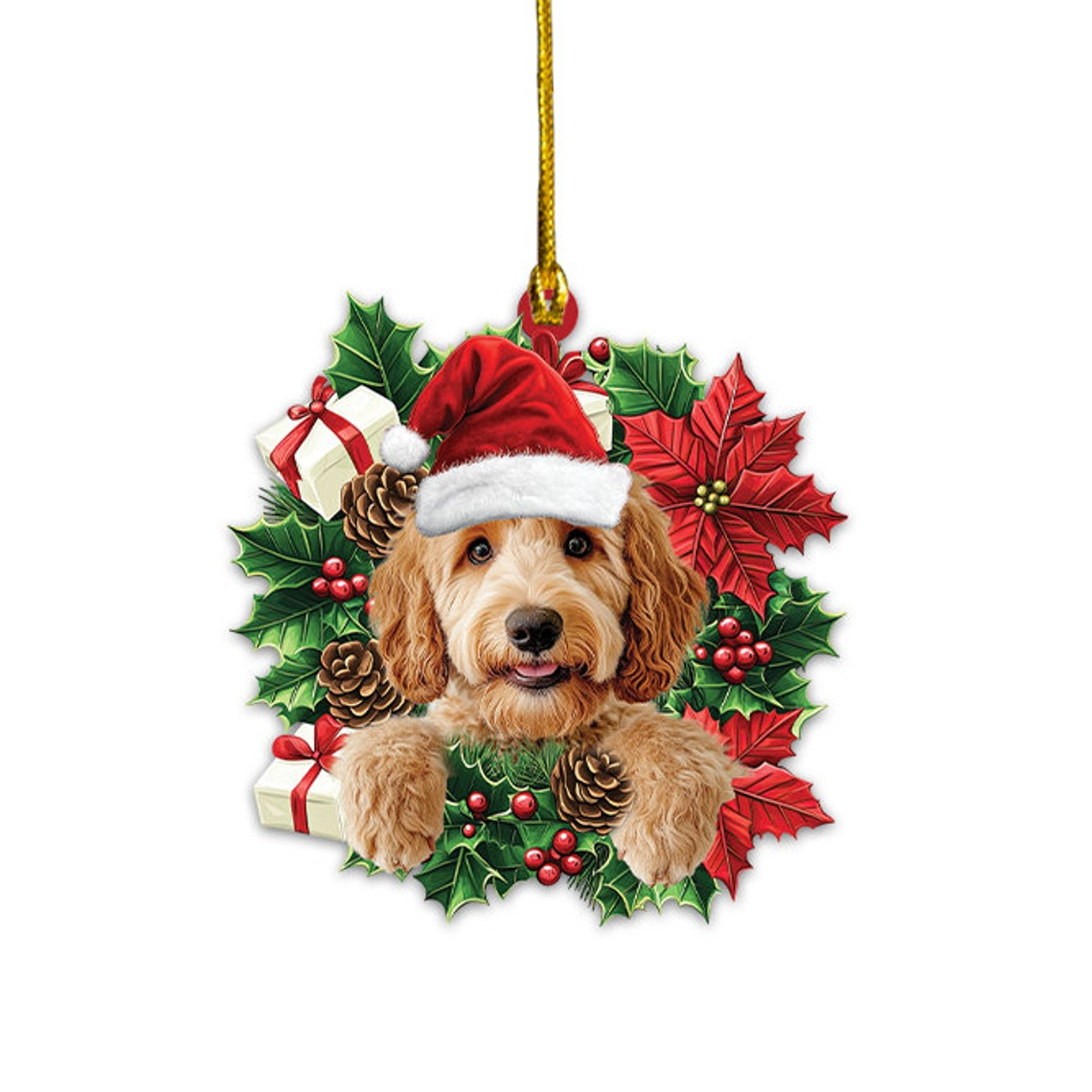 Goldendoodle Dog Christmas Wreath Ornament, Goldendoodle Dog Hanging Christmas Ornament Decor Gift