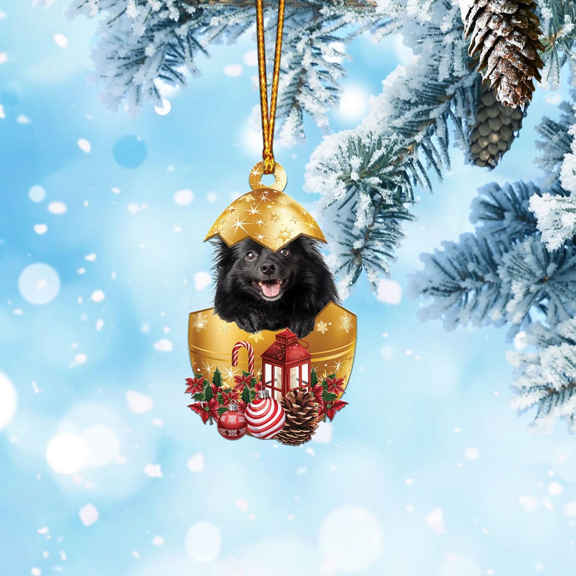 Schipperke In in Golden Egg Christmas Ornament, Dog Hanging Ornament Christmas Decor