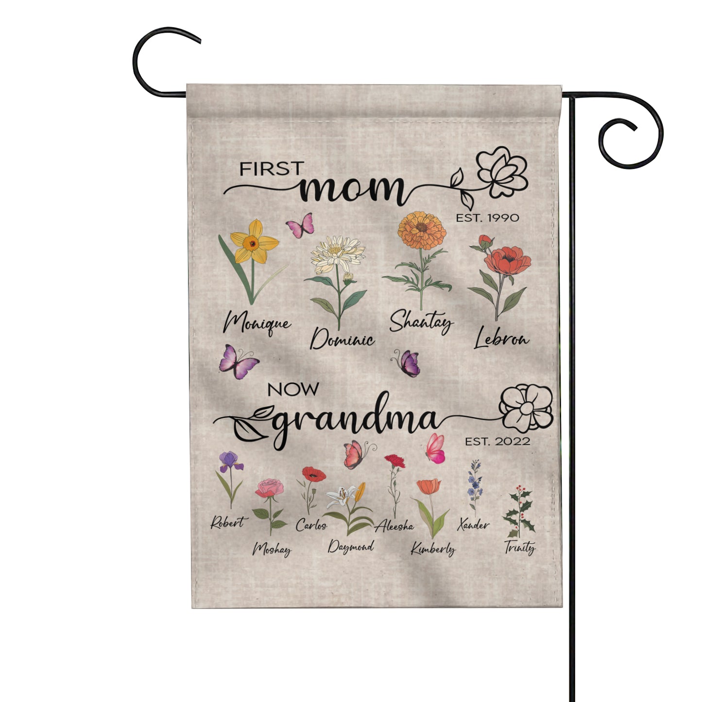First Mom Now Grandma Birth Month Flowers - Personalized Flag