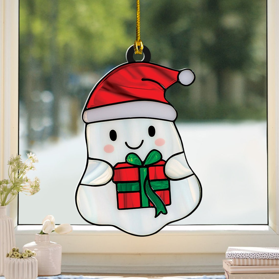 Christmas Santa Ghost Hanging Suncatcher, Cute Ghost Christmas Ornament Decor