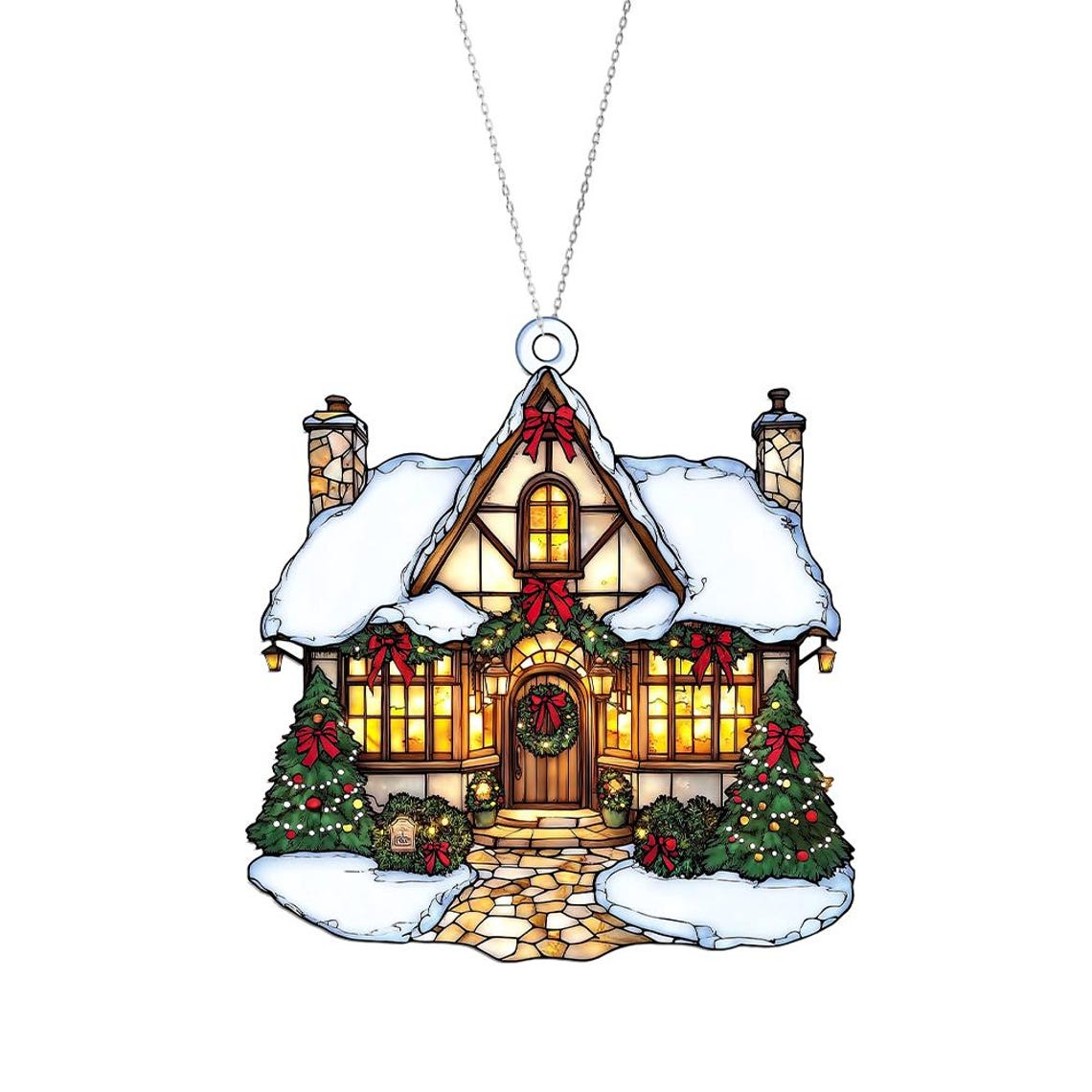 Christmas Cottage Window Hanging Suncatcher, Christmas Cottage Hanging Decor Ornament