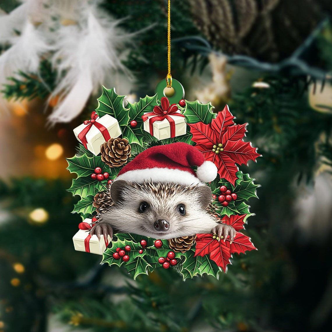 Hedgehog Christmas Tree Wreath Ornament, Hedgehog Rearview Mirror Car Ornament Decor