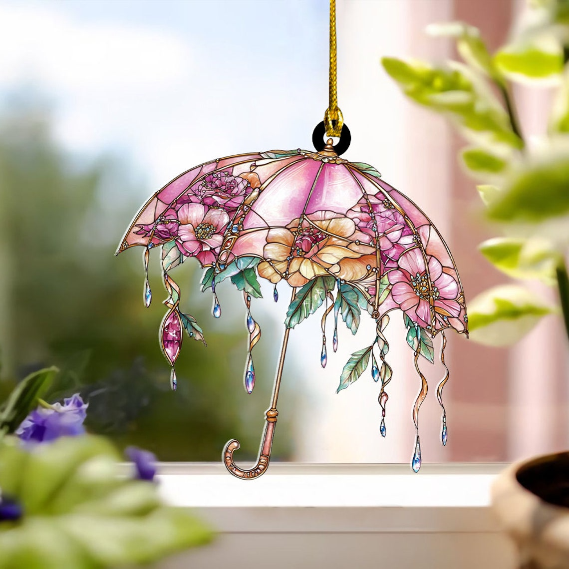 Floral Umbrella Hanging Suncatcher Ornament, Cute Floral Umbrella Hanging Decor