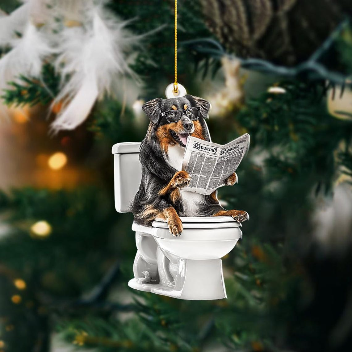 Shetland Sheepdog Sitting On Toilet Ornament, Cute Dog Reading Newspaper Ornament