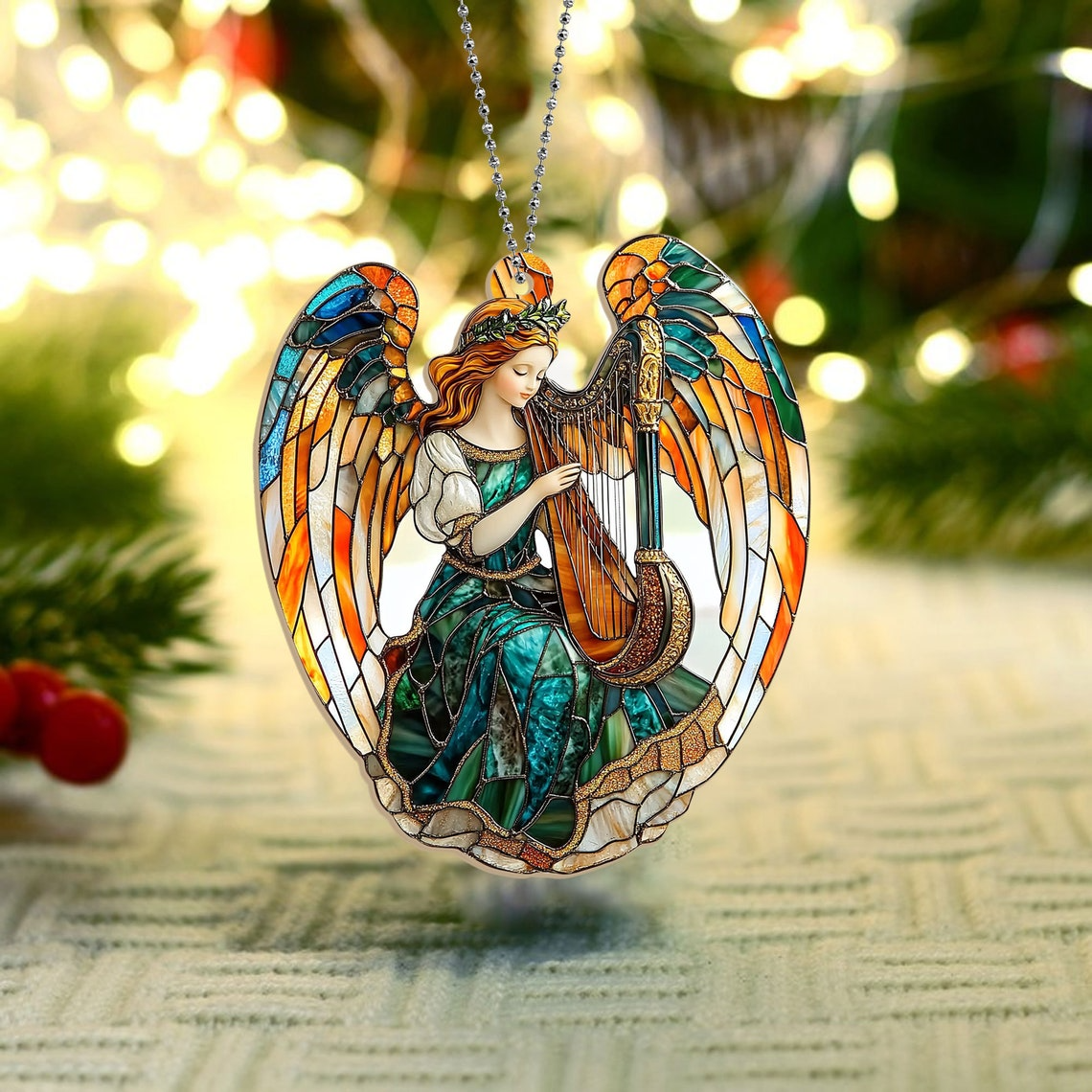 Christmas Winged Angel With Harp Suncatcher, Angel With Harp Hanging Ornament Home Decor