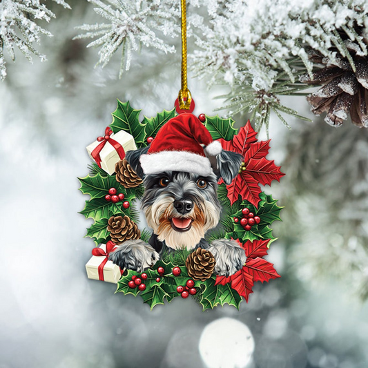 Miniature Schnauzer Dog Christmas Wreath Ornament, Schnauzer Dog Car Decor Holiday Gift