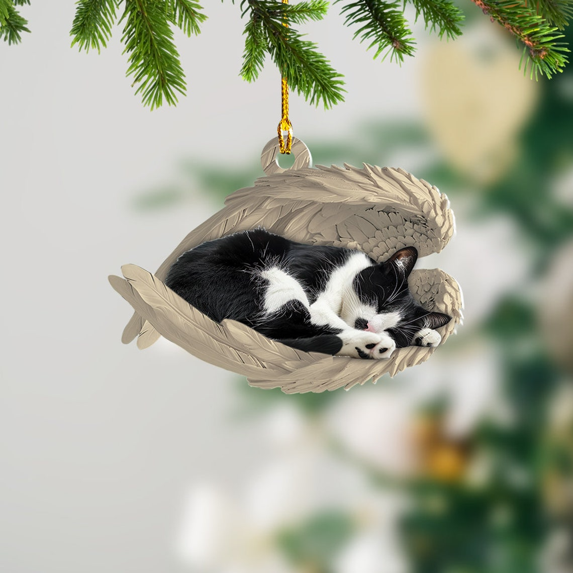 Cute Tuxedo Cat Sleeping Angel Christmas Ornament, Tuxedo Cat Angel Wings Ornament Decor Gift