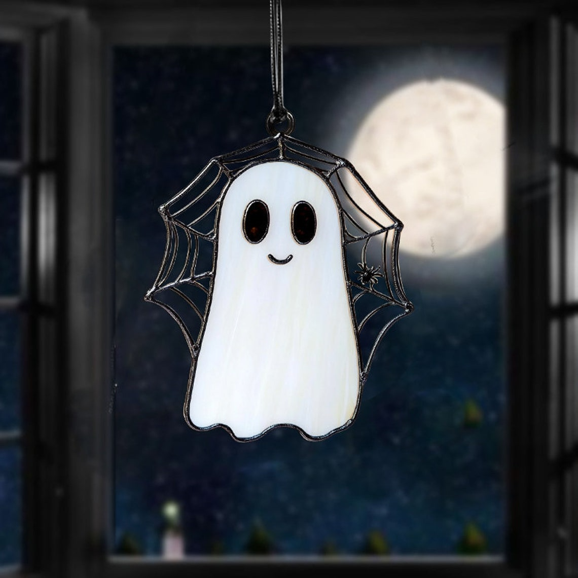 Funny Ghost With Spider Web Halloween Suncatcher, Funny Ghost Hanging Decor