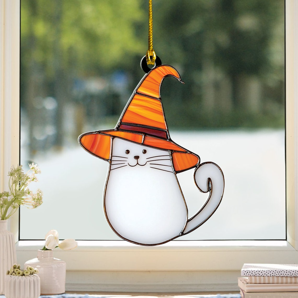 Cute Ghost Cat Halloween Suncatcher, Cute Ghost Cat Window Hanging Decor