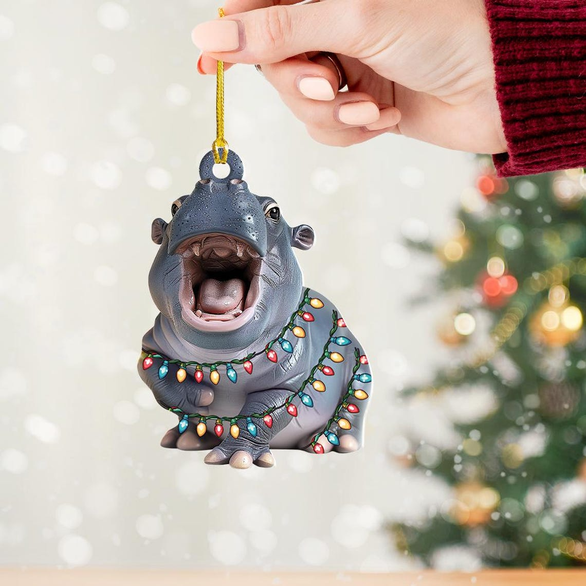 Baby Hippo Moo Deng Christmas Ornament, Ornament Hippo Hanging Christmas Decor Holiday