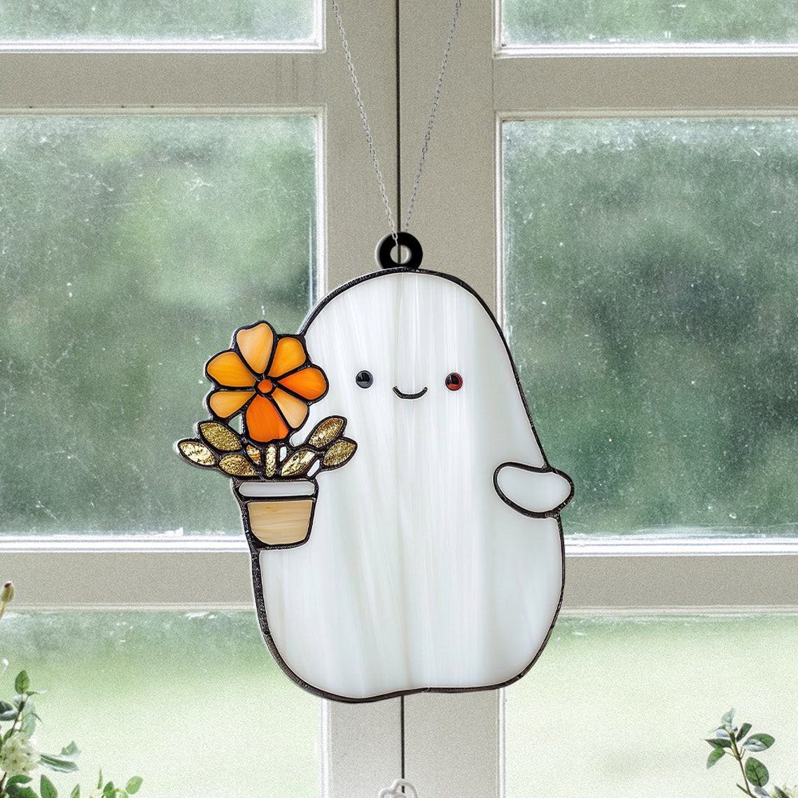 Cute Ghost Flower Suncatcher Ornament, Ghost Gardener Flower Ornament Decor