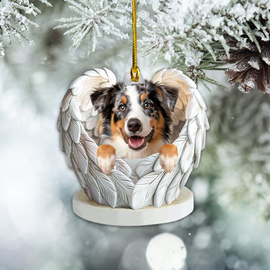 Australian Cute Shepherd Dog Angel Wings Decor Ornament, Shepherd Dog Flat Christmas Ornament Gift