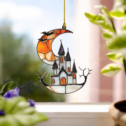 Castle and Moon Halloween Suncatcher Ornament, Halloween Castle and Moon Home Decor