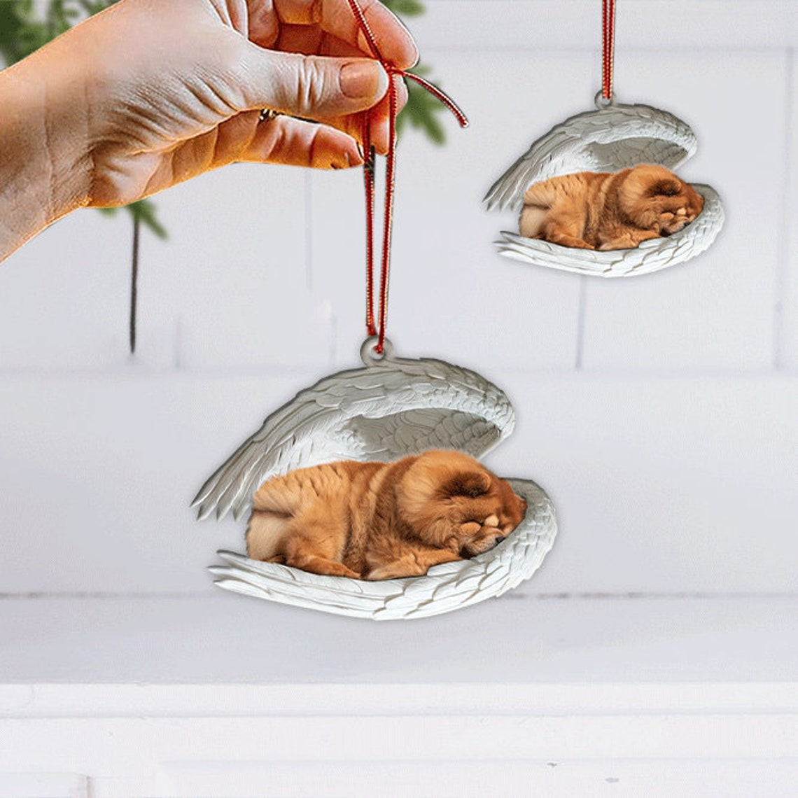 Christmas Chow Chow Dog Angel Wings Car Ornament, Chow Chow Dog Sleeping Angel Hanging Ornament