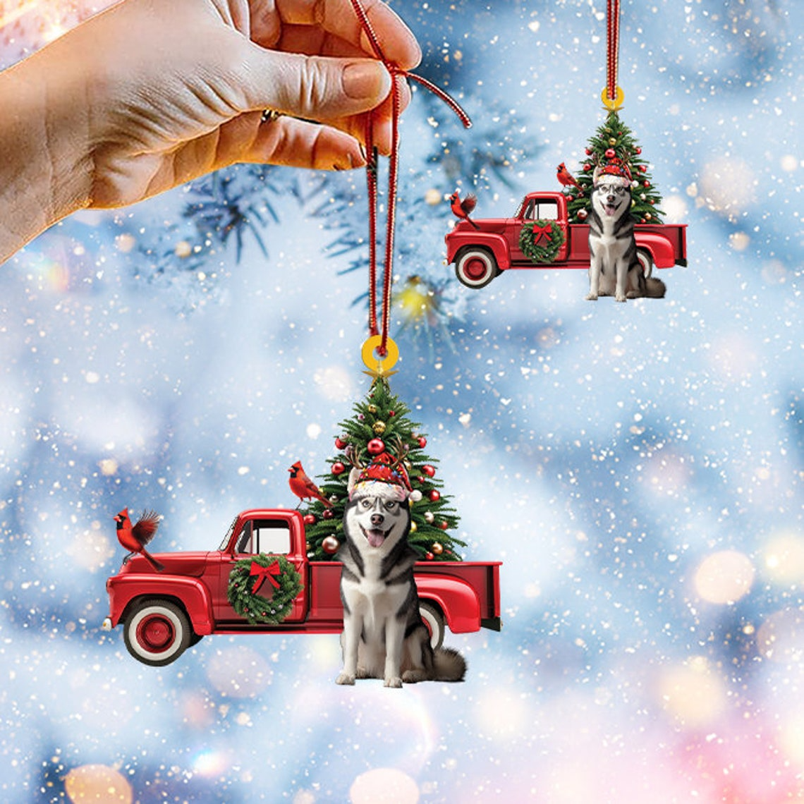 Siberian Husky Dog and Red Truck Hanging Ornament, Siberian Husky Dog Christmas Ornament Gift