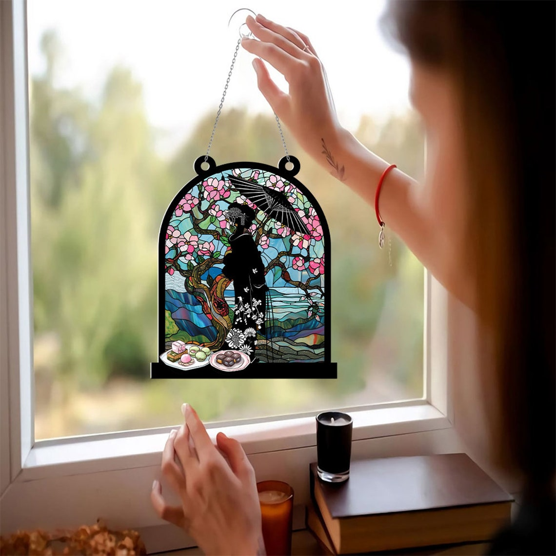 Japanese Beauty Girl Suncatcher, Girl on Kimono Window Hanging Ornament Decor