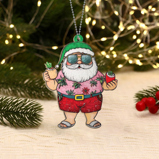 Hawaii Santa Claus with Coconut Christmas Suncatcher, Cute Santa with Coconut Ornament