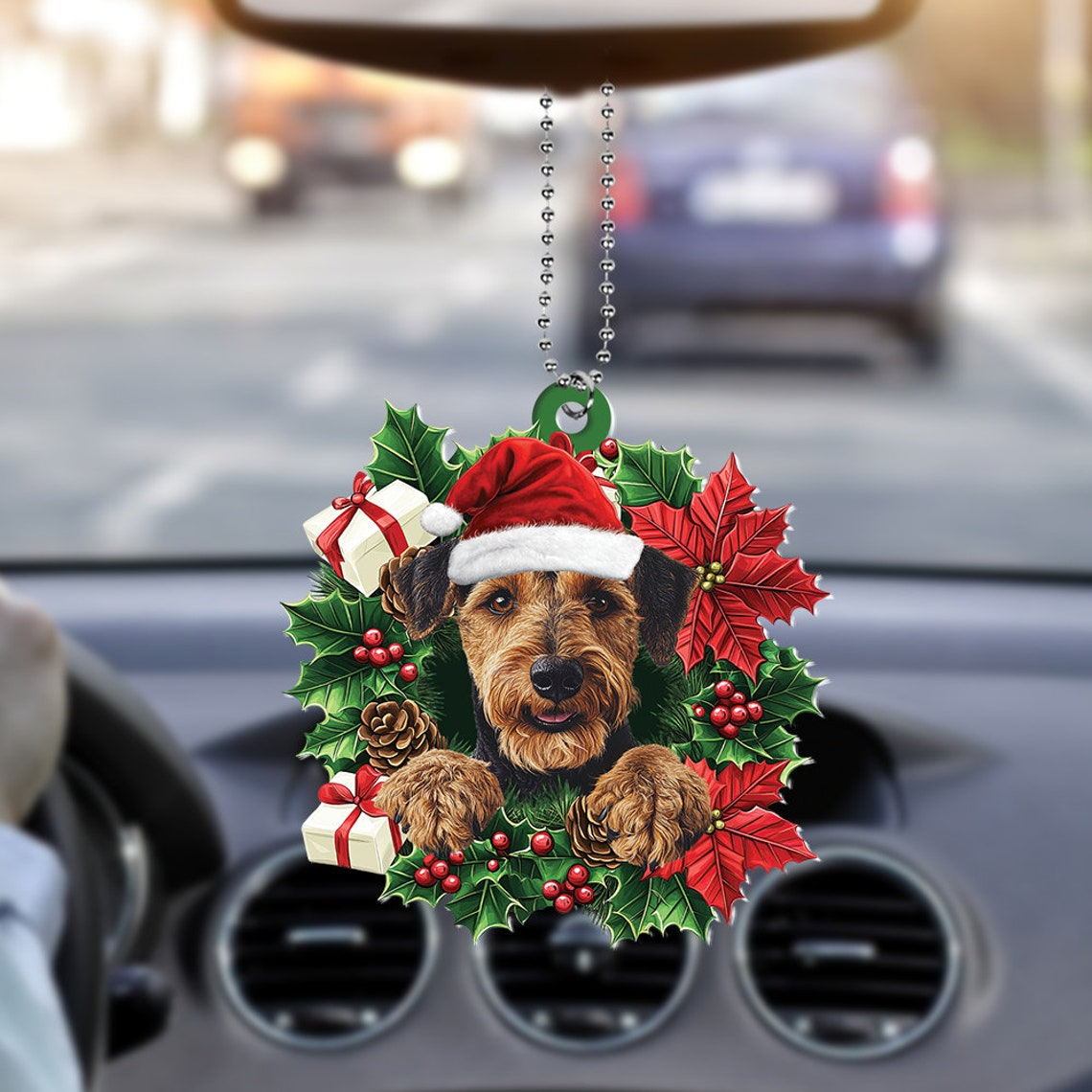 Airedale Terrier Dog Christmas Wreath Ornament, Airedale Terrier Dog Christmas Ornament