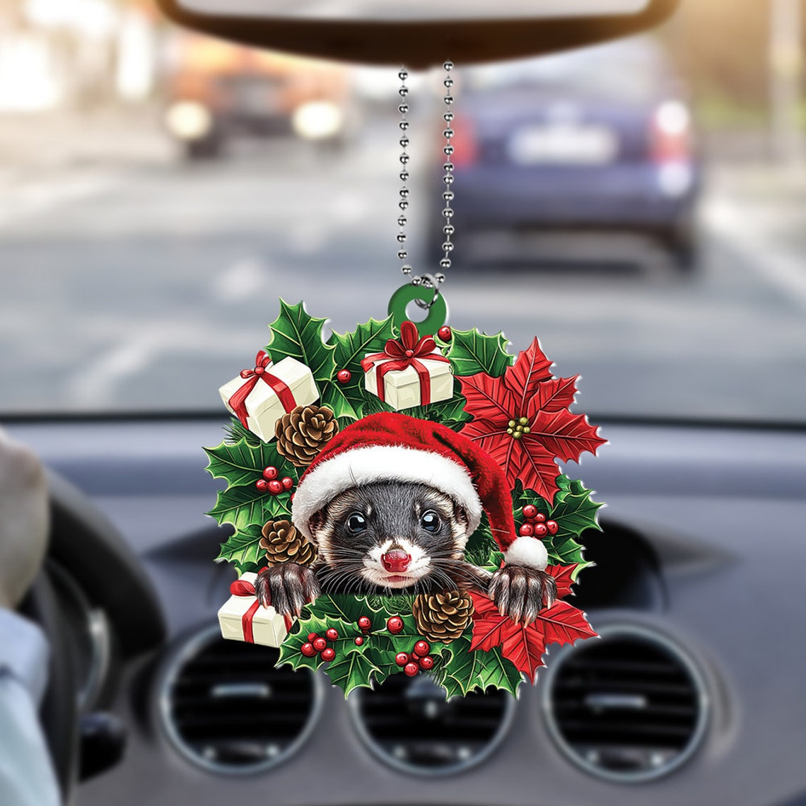 Cute Ferret Christmas Wreath Ornament Decor, Ferret Hanging Christmas Decor Ornament Gift