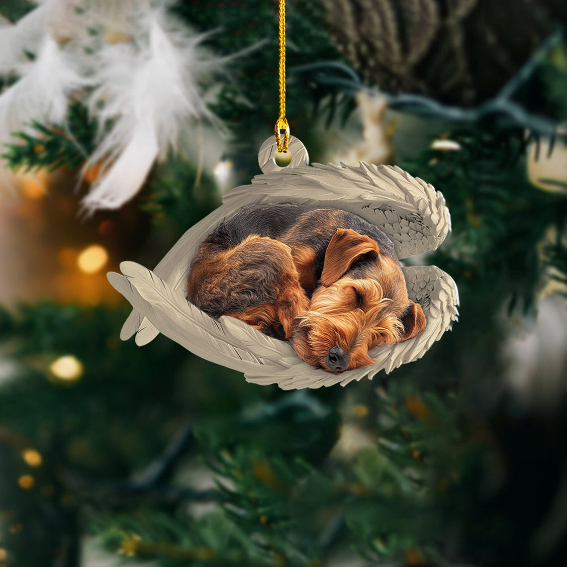 Airedale Terrier Dog Sleeping Angel Wings Ornament, Christmas Terrier Dog Car Hanging Ornament