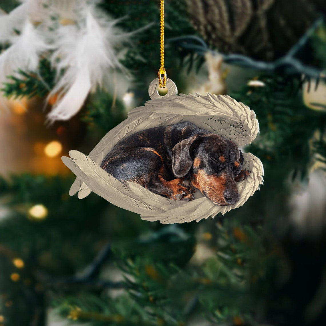 Dachshund Dog Sleeping Angel Wings Ornament, Christmas Dog Hanging Ornament Decor Gift