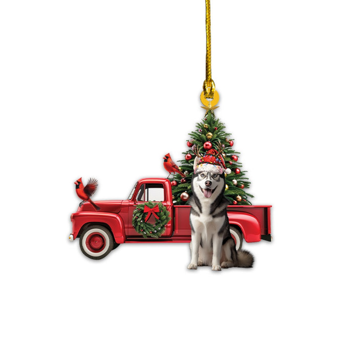 Siberian Husky Dog and Red Truck Hanging Ornament, Siberian Husky Dog Christmas Ornament Gift