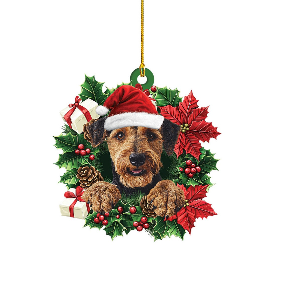 Airedale Terrier Dog Christmas Wreath Ornament, Airedale Terrier Dog Christmas Ornament