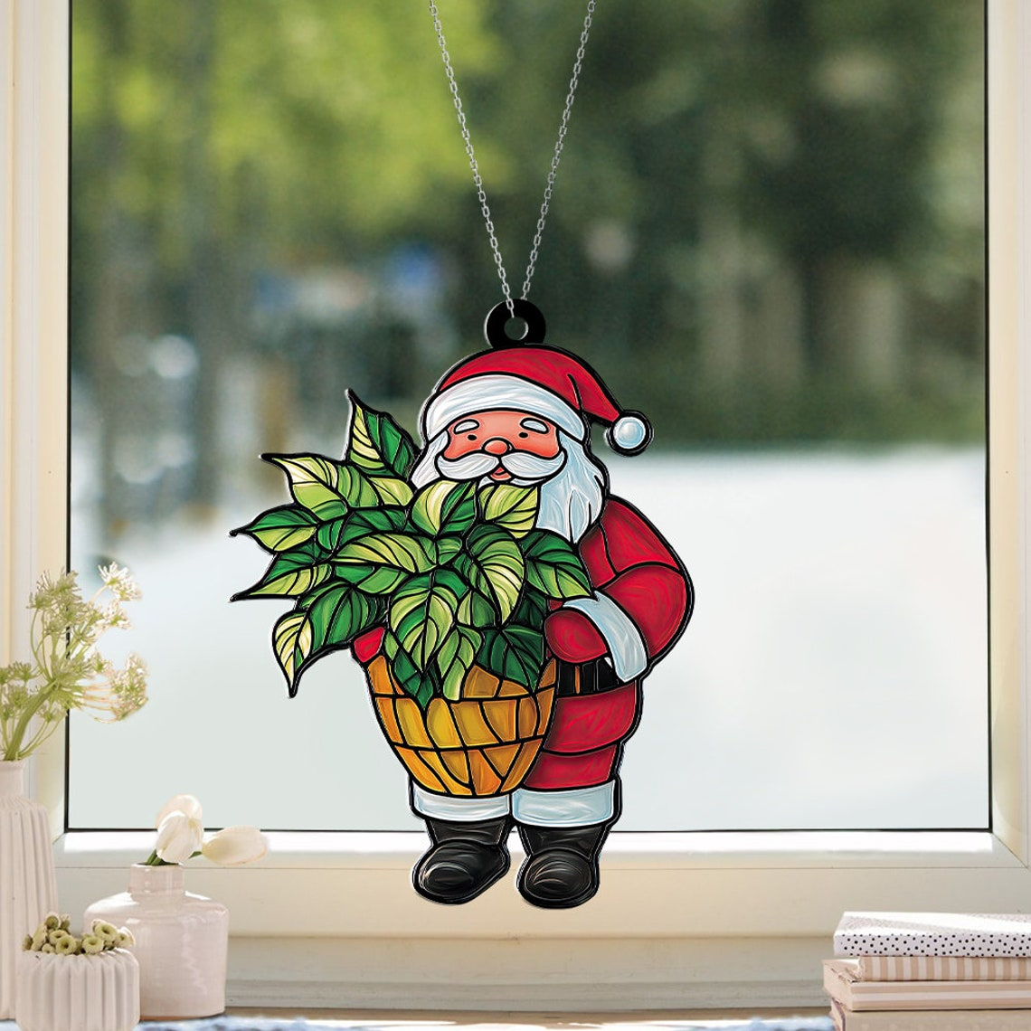 Santa with Plant Tree Suncatcher Ornament, Santa Monstera Christmas Suncatcher