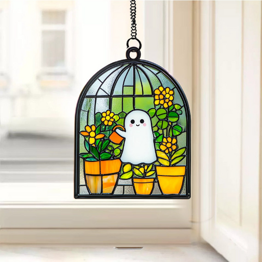 Cute Ghost at Greenhouse Water the Plants Suncatcher, Cute Ghost Hanging Decor