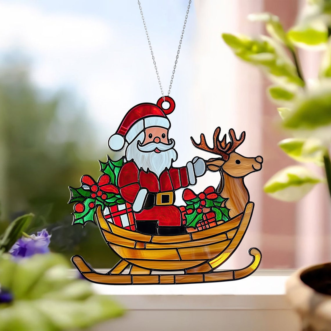 Santa Claus Hanging Christmas Suncatcher, Santa Sleigh Suncatcher Ornament