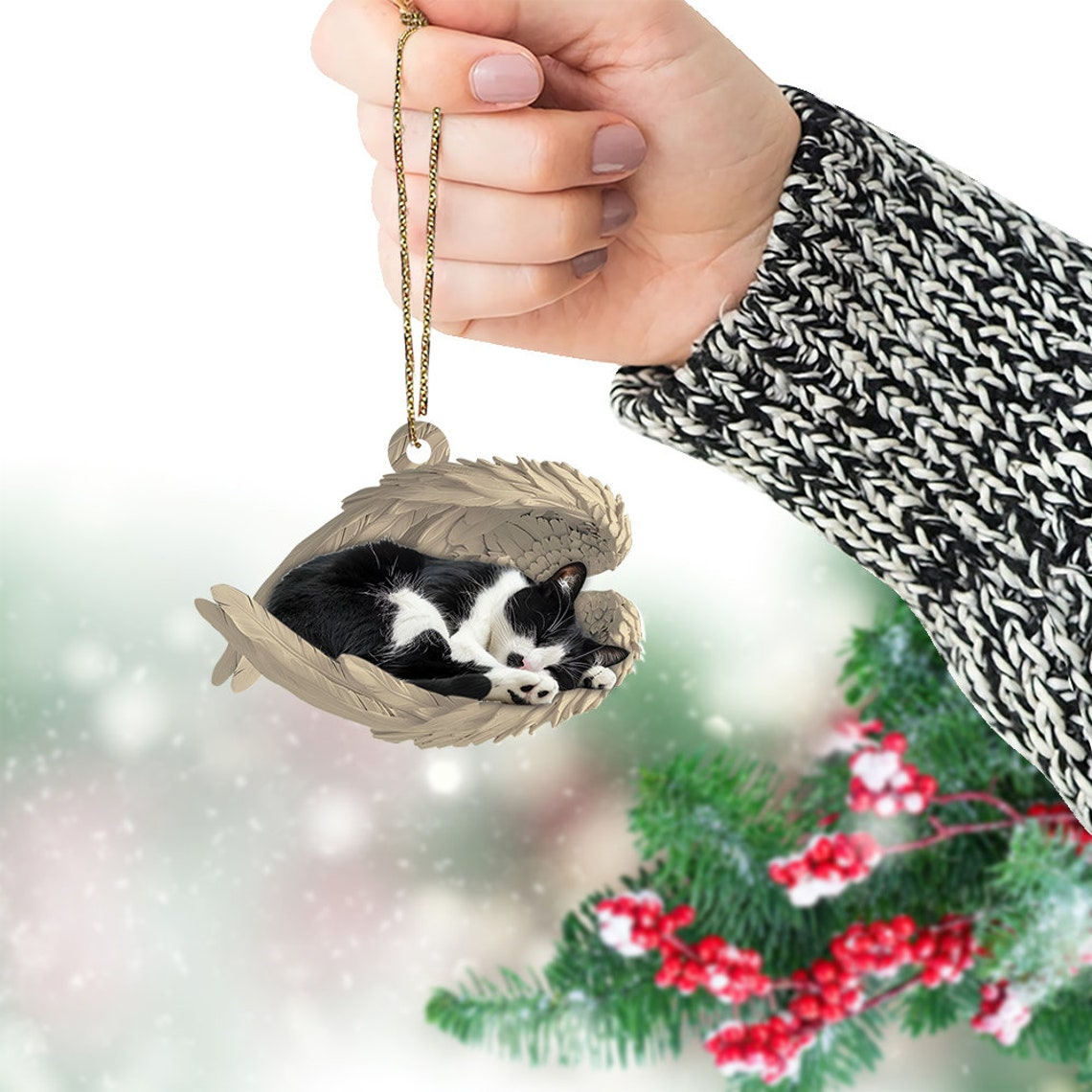 Cute Tuxedo Cat Sleeping Angel Christmas Ornament, Tuxedo Cat Angel Wings Ornament Decor Gift