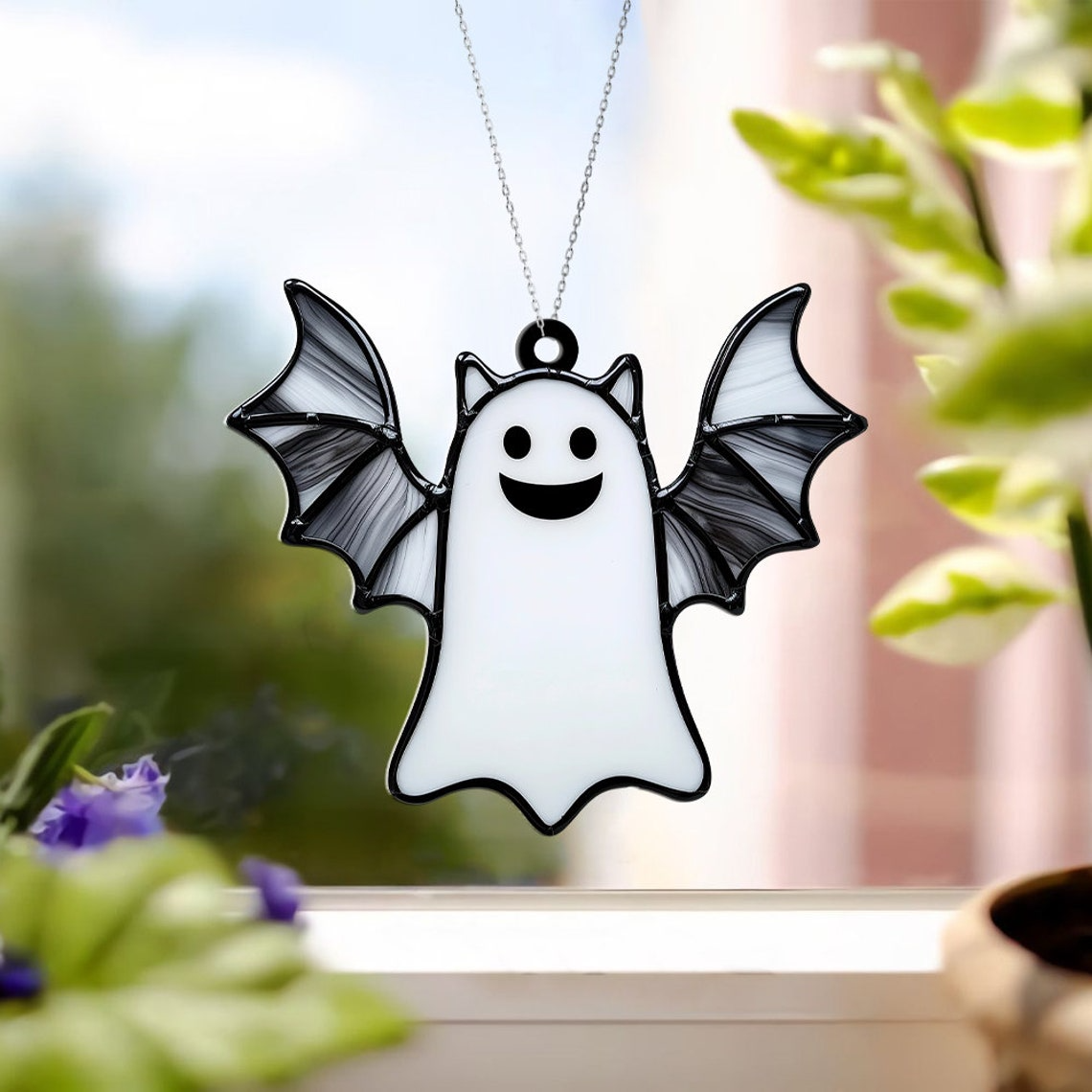 Ghost Bat Flying Halloween Window Suncatcher Decor, Halloween Bat Boo Ornament