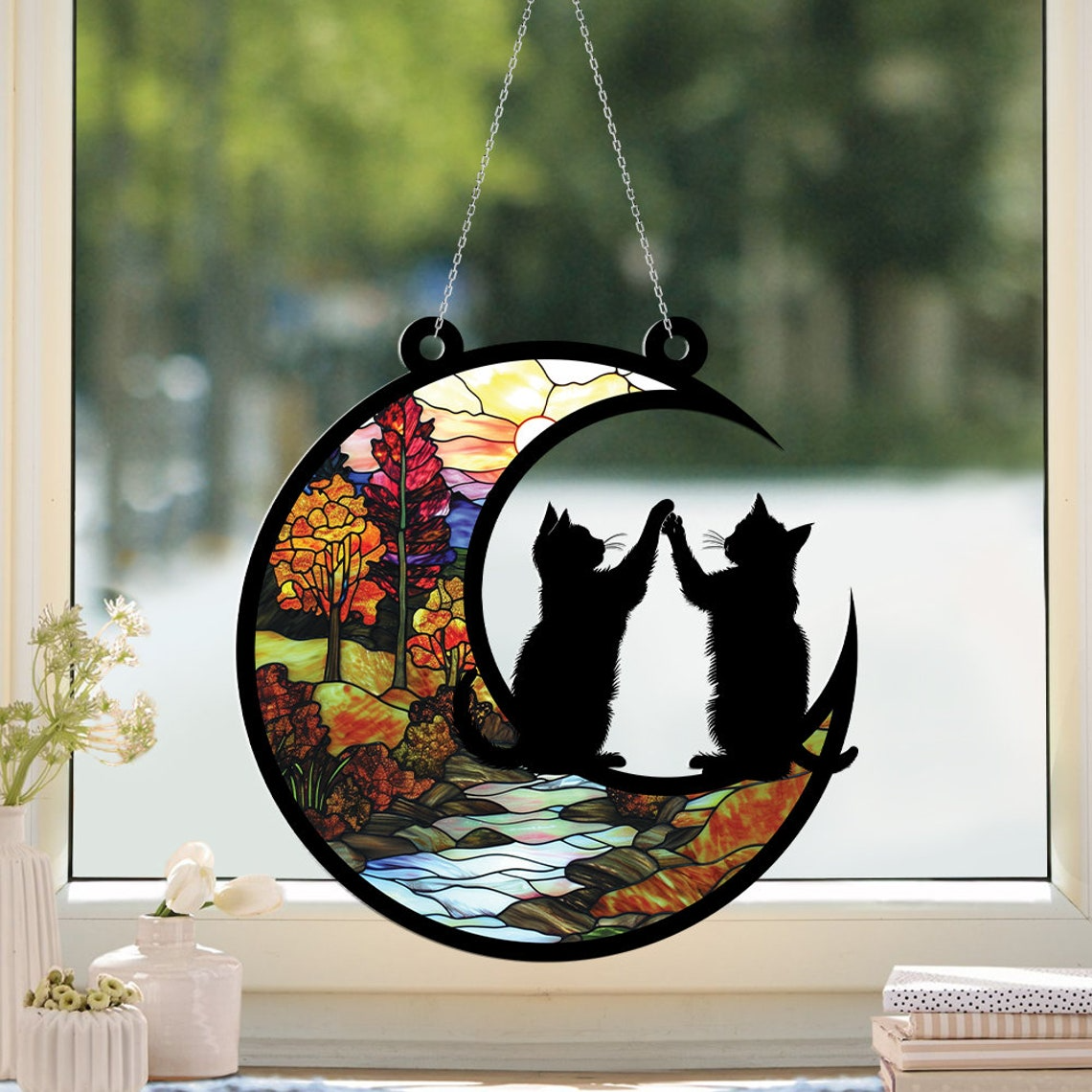 Cats Playing on Moon Suncatcher, Cats Playing on Moon Hanging Ornament Decor Gift