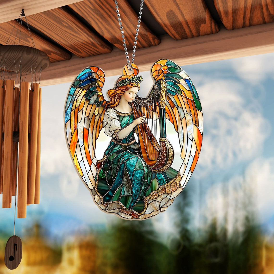 Christmas Winged Angel With Harp Suncatcher, Angel With Harp Hanging Ornament Home Decor