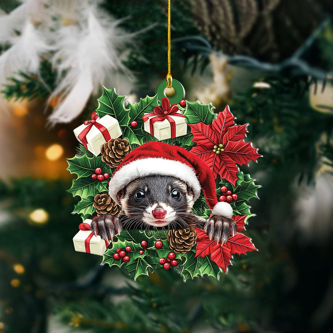 Cute Ferret Christmas Wreath Ornament Decor, Ferret Hanging Christmas Decor Ornament Gift