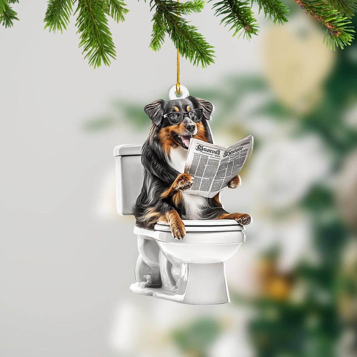 Shetland Sheepdog Sitting On Toilet Ornament, Cute Dog Reading Newspaper Ornament