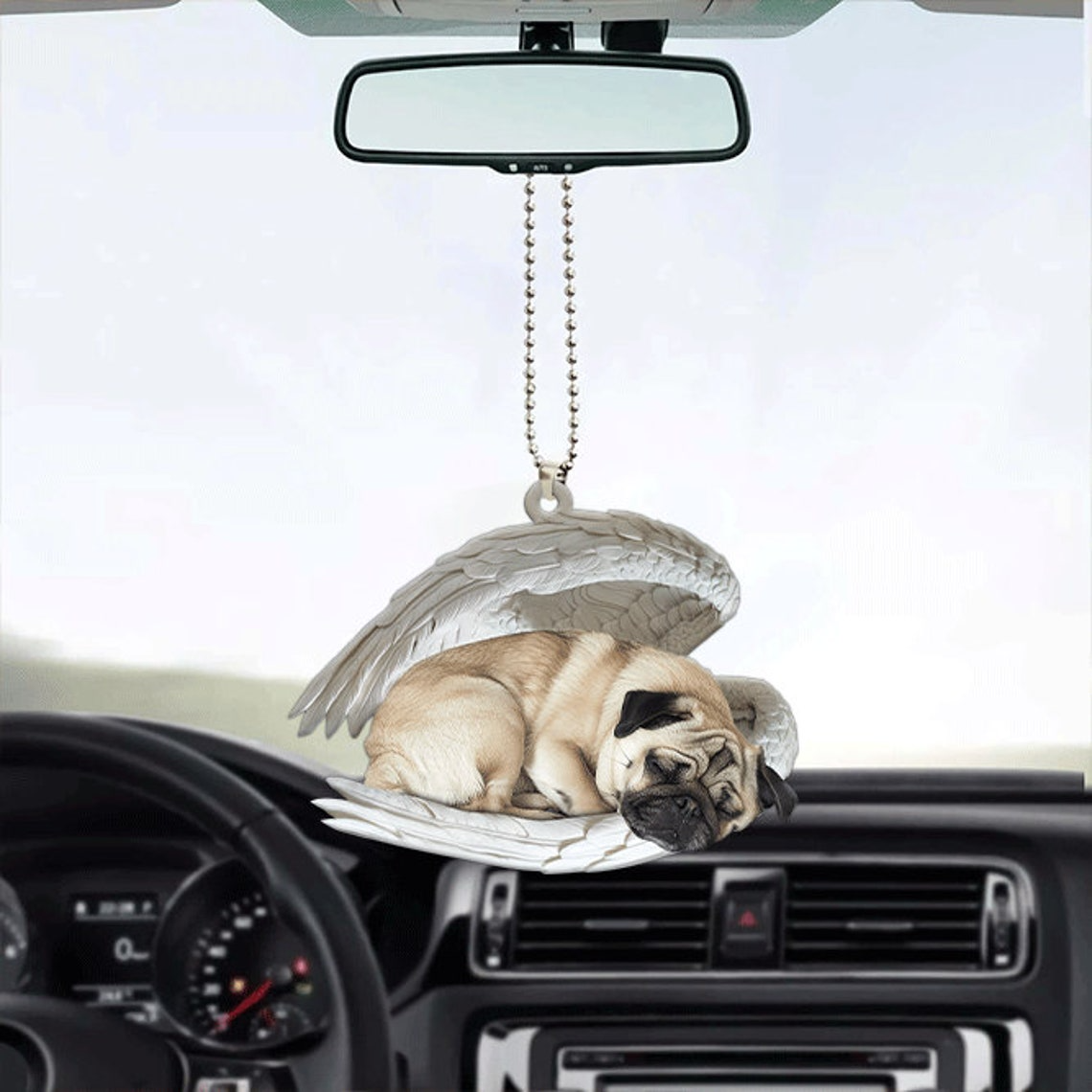 Pug Dog Angel Wings Car Hanging Ornament, Christmas Pug Dog Sleeping Angel Ornament Decor