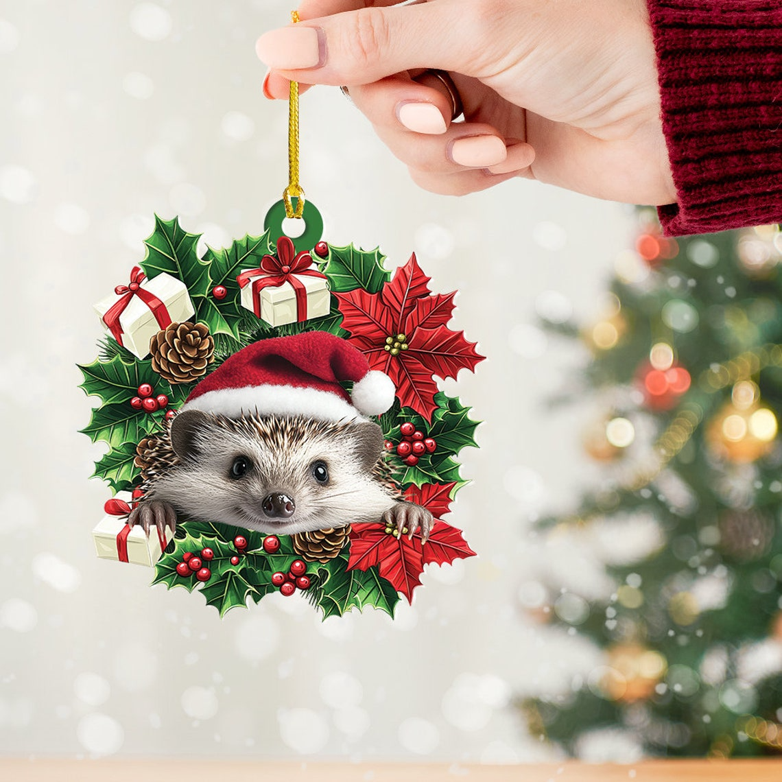 Hedgehog Christmas Tree Wreath Ornament, Hedgehog Rearview Mirror Car Ornament Decor