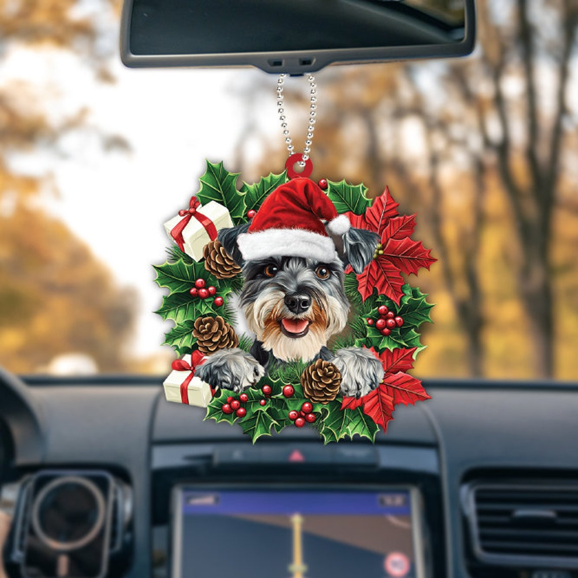 Miniature Schnauzer Dog Christmas Wreath Ornament, Schnauzer Dog Car Decor Holiday Gift