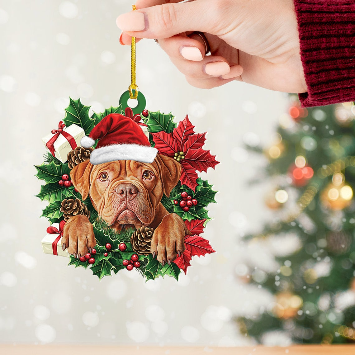 Dogue de Bordeaux Dog Christmas Wreath Ornament, Dogue de Bordeaux Dog Car Ornament Gift