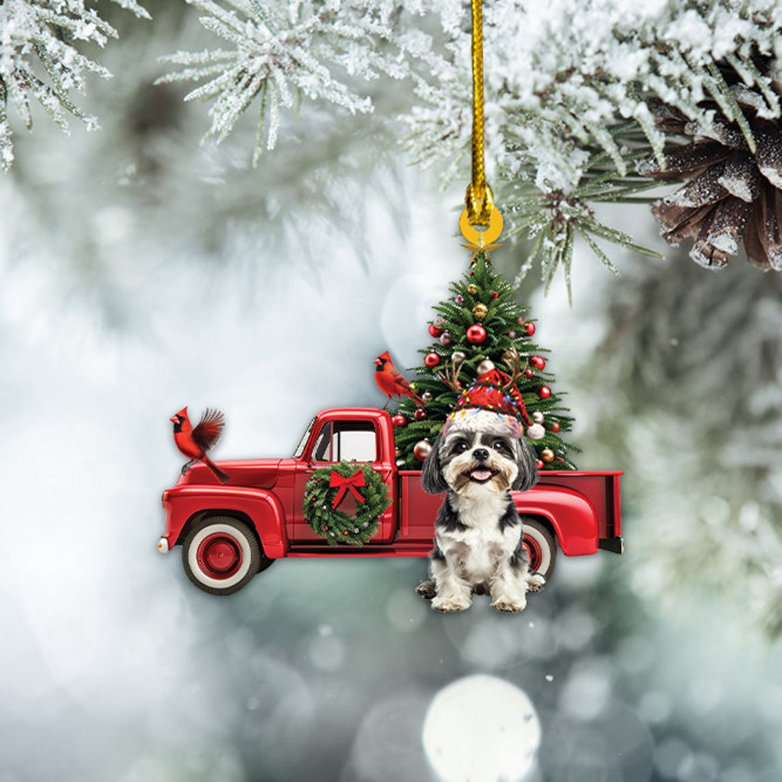 Shih Tzu Dog and Red Truck Christmas Ornament, Shih Tzu Dog Rearview Mirror Car Ornament Gift