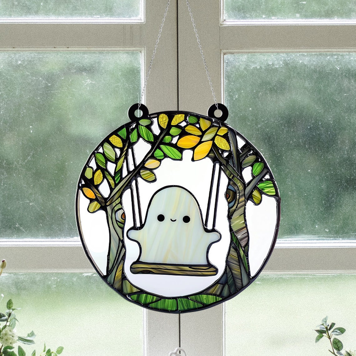 Funny Ghost Halloween Window Suncatcher Ornament, Classic Ghost Hanging Ornament