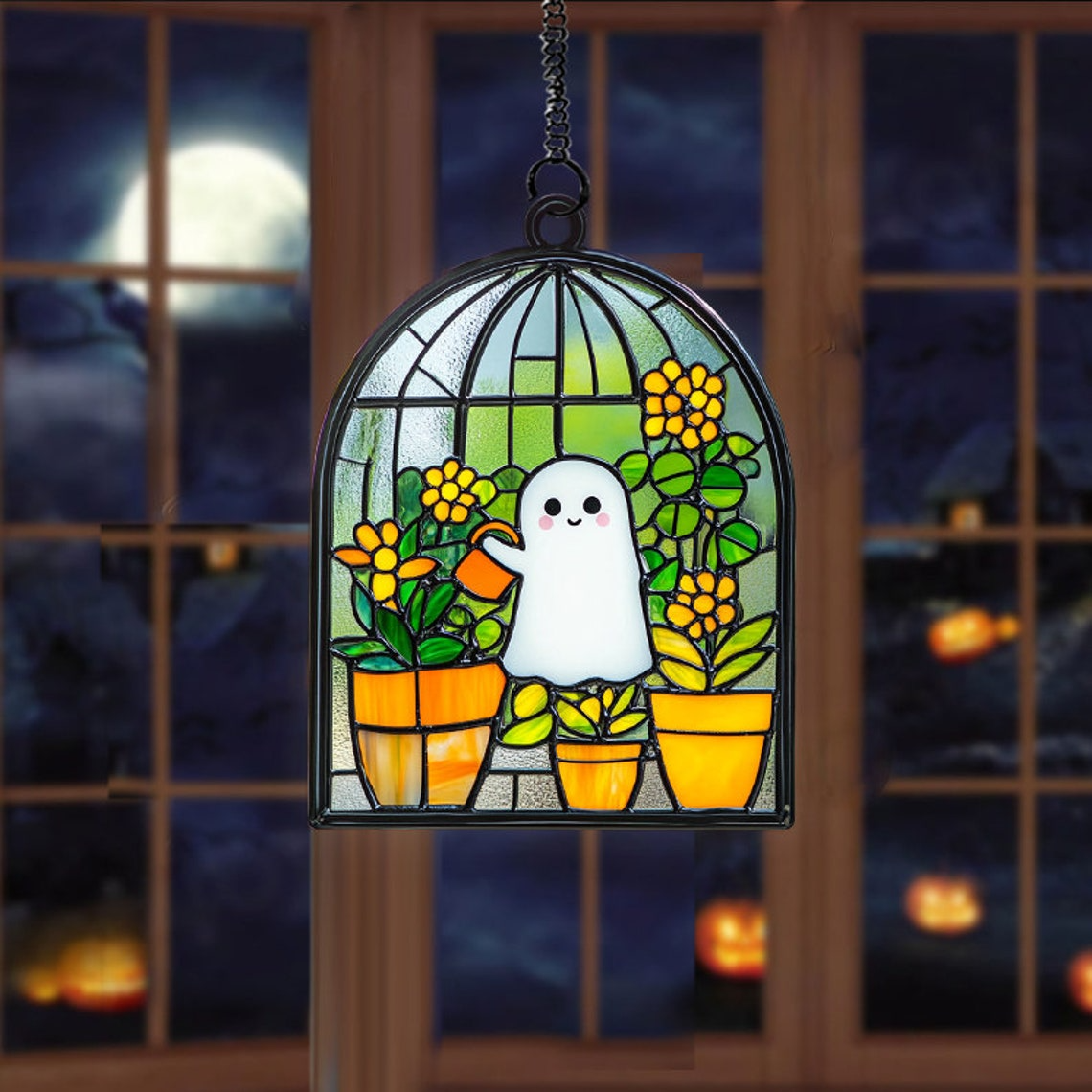 Cute Ghost at Greenhouse Water the Plants Suncatcher, Cute Ghost Hanging Decor