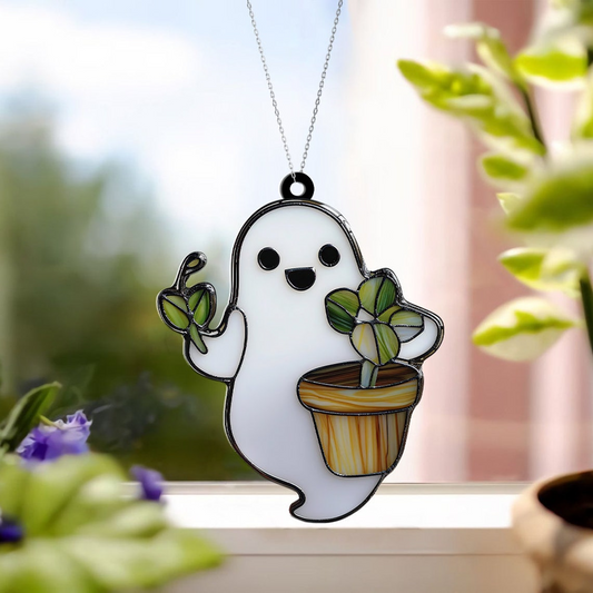 Ghost Plant Tree Window Suncatcher Ornament, Cute Ghost Gardening Ornament Decor