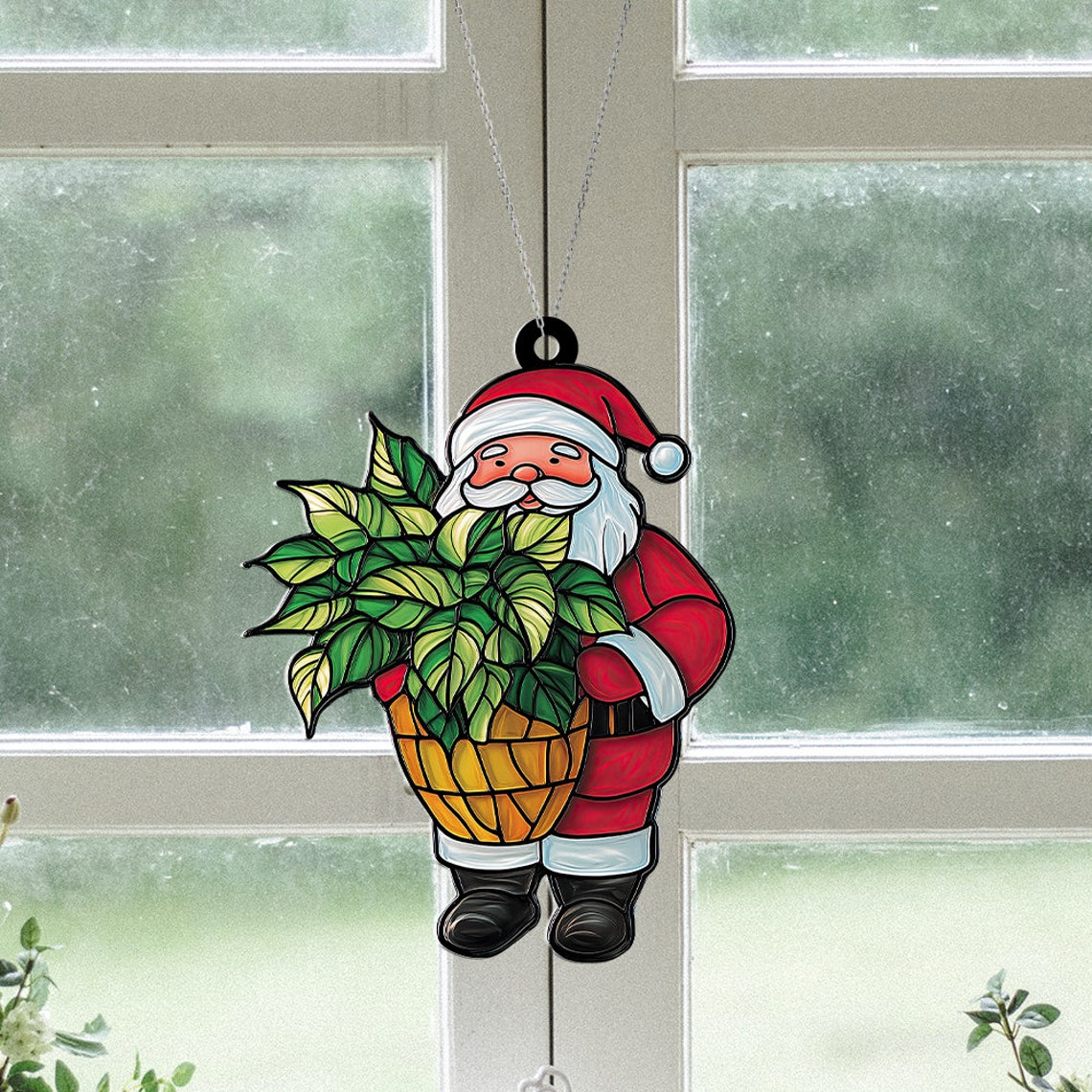 Santa with Plant Tree Suncatcher Ornament, Santa Monstera Christmas Suncatcher