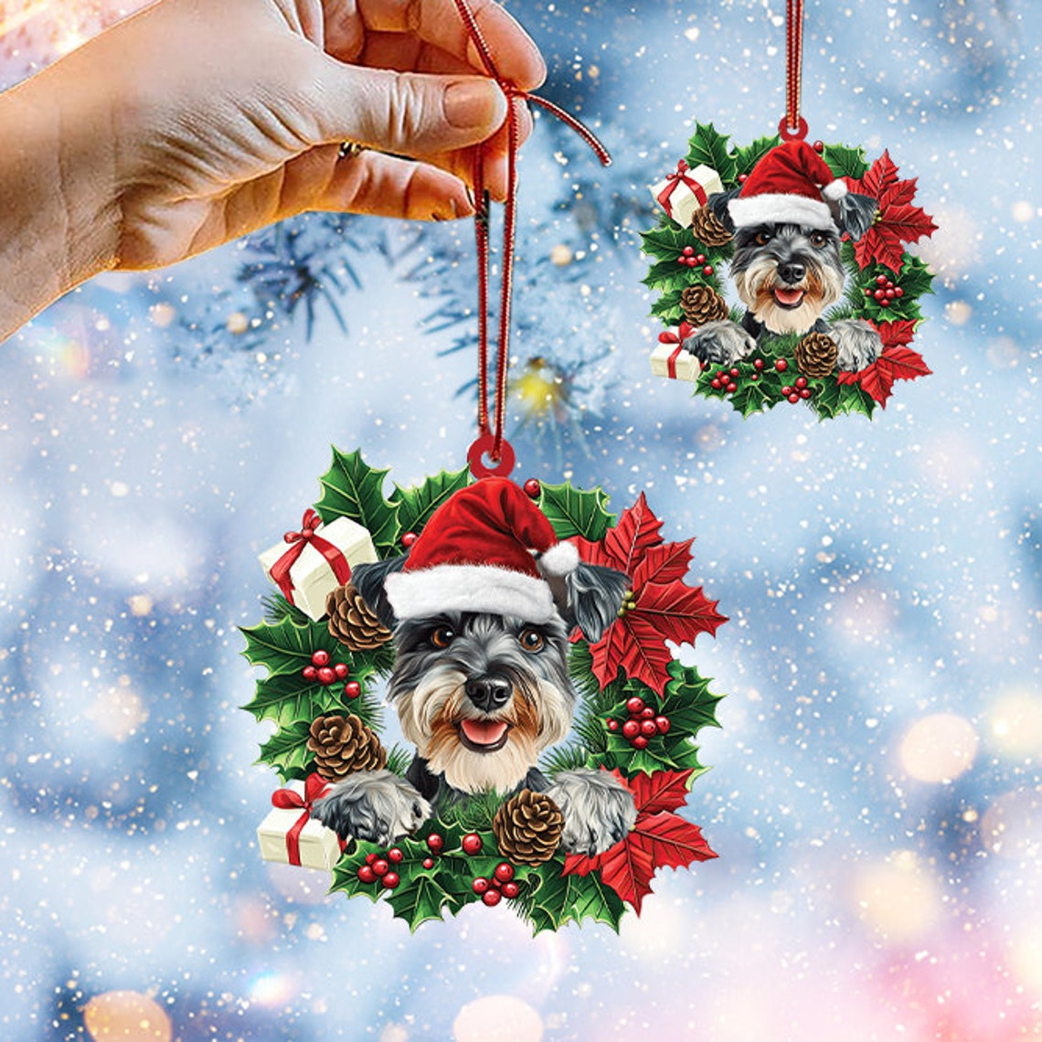 Miniature Schnauzer Dog Christmas Wreath Ornament, Schnauzer Dog Car Decor Holiday Gift