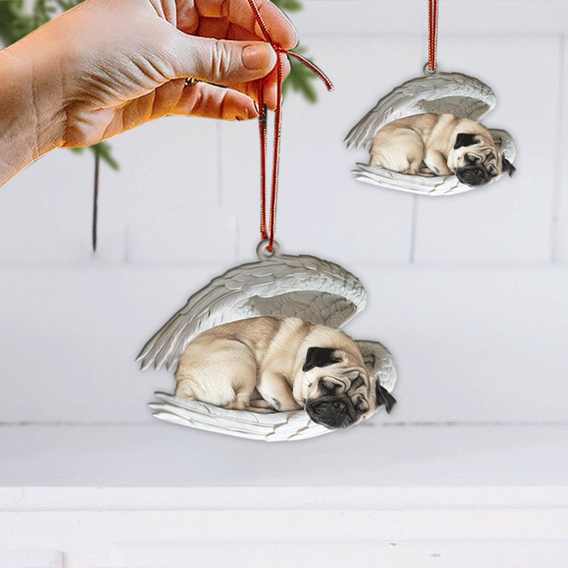 Pug Dog Angel Wings Car Hanging Ornament, Christmas Pug Dog Sleeping Angel Ornament Decor