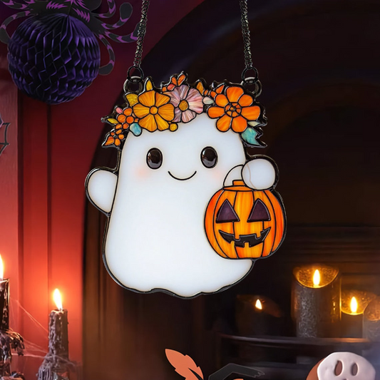 Cute Ghost With Floral Crown Suncatcher, Halloween Ghost Hanging Ornament Decor