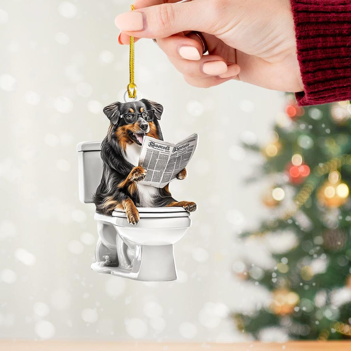 Shetland Sheepdog Sitting On Toilet Ornament, Cute Dog Reading Newspaper Ornament