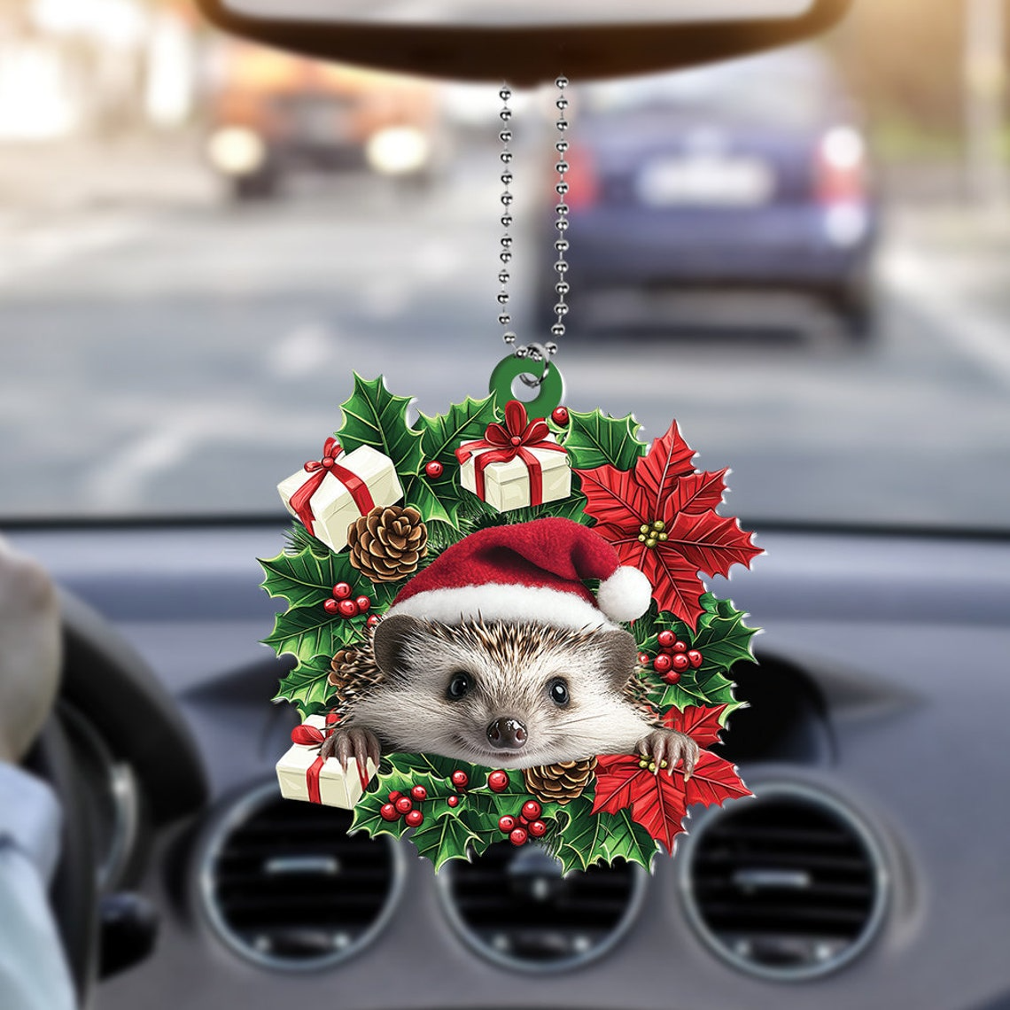 Hedgehog Christmas Tree Wreath Ornament, Hedgehog Rearview Mirror Car Ornament Decor